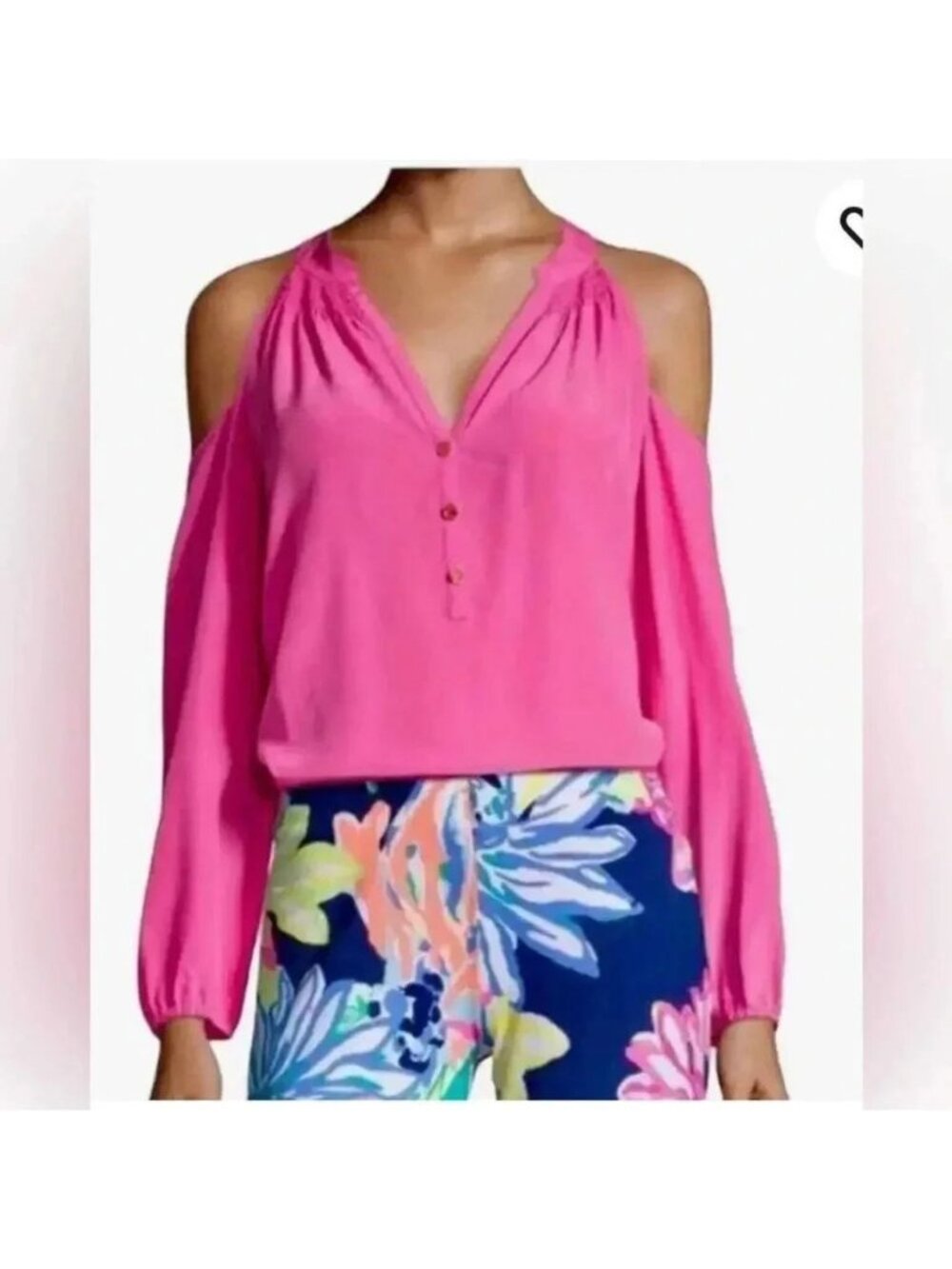 Lilly Pulitzer ELSA Sunny Cold Shoulder Top Blouse in Tiki Pink 100% Silk Small